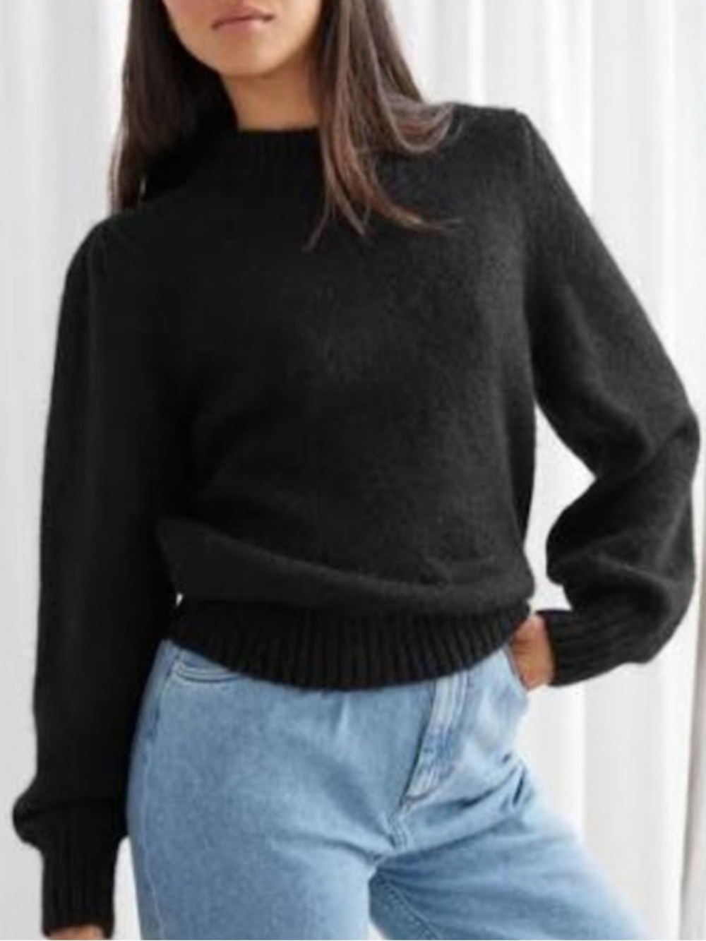 & Other Stories Premium Alpaca Blend Puff Sleeve Sweater Black Medium Crew Neck